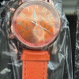 Orange Faux Leather Strap Men's Watch